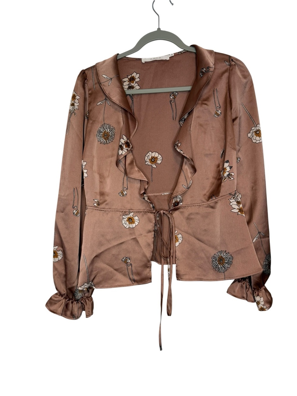ASTR The Label Tan Floral Open Front Long Sleeve Top Size Small
